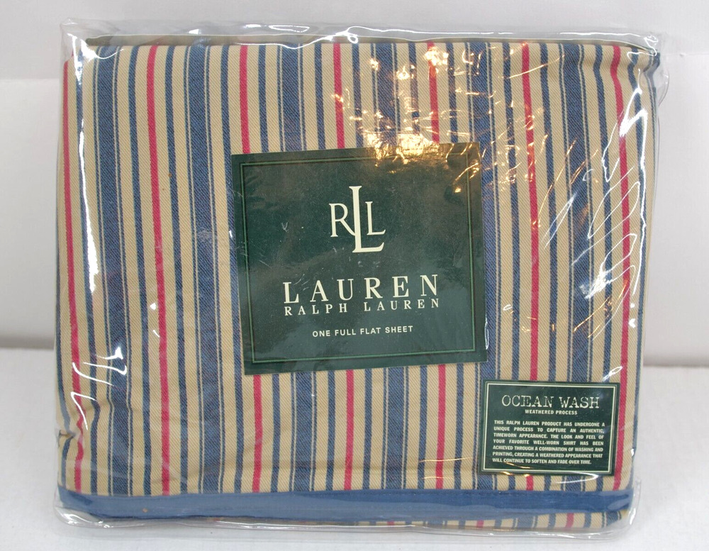 VTG Ralph Lauren CHADWICK Striped OCEAN WASH Full Flat Sheet & 2 Pillowcases